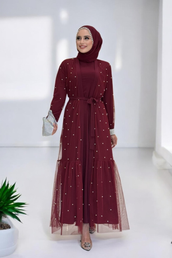 İncili Abaya Ve Elbise Takım 8491 Bordo - 1