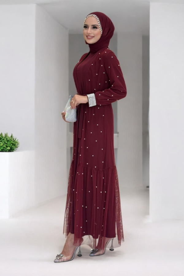 İncili Abaya Ve Elbise Takım 8491 Bordo - 2