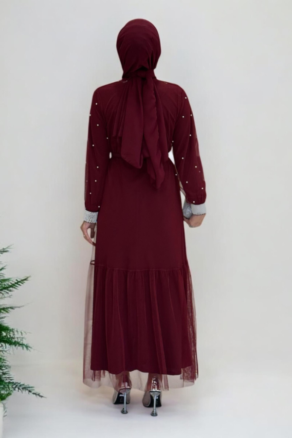 İncili Abaya Ve Elbise Takım 8491 Bordo - 3