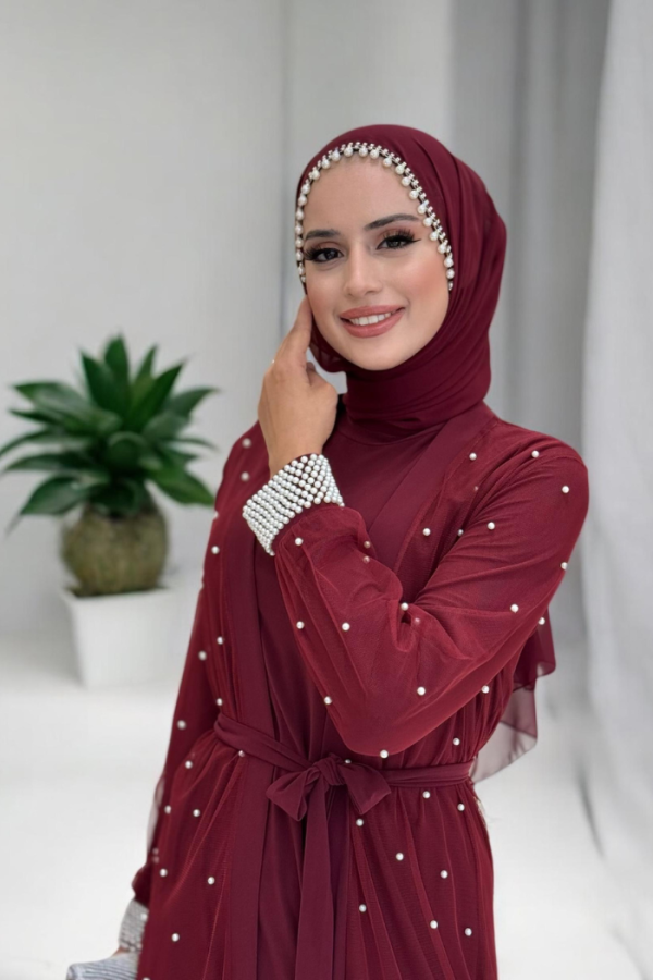 İncili Abaya Ve Elbise Takım 8491 Bordo - 4