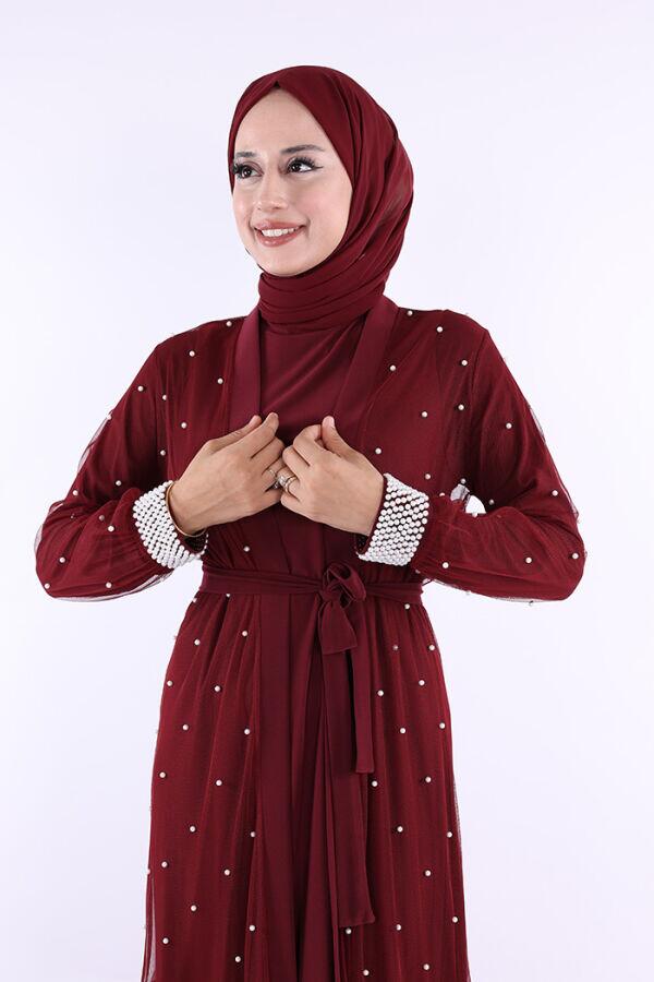 İncili Abaya Ve Elbise Takım 8491 Bordo - 4