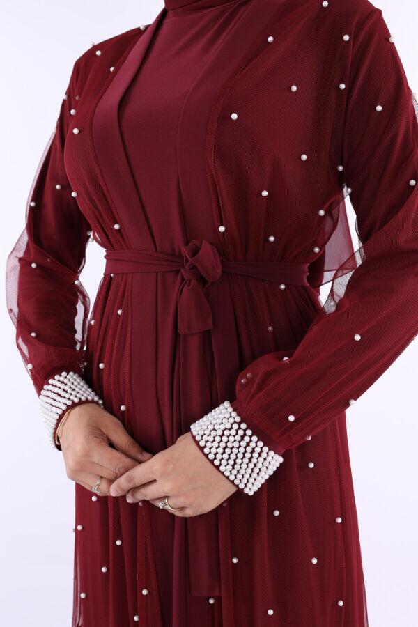 İncili Abaya Ve Elbise Takım 8491 Bordo - 5
