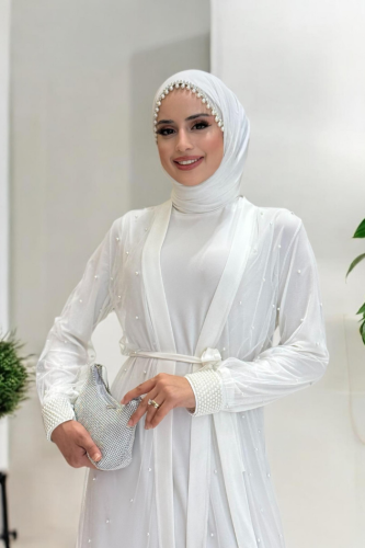 İncili Abaya Ve Elbise Takım 8491 Ekru - 4