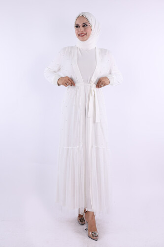 İncili Abaya Ve Elbise Takım 8491 Ekru - 1