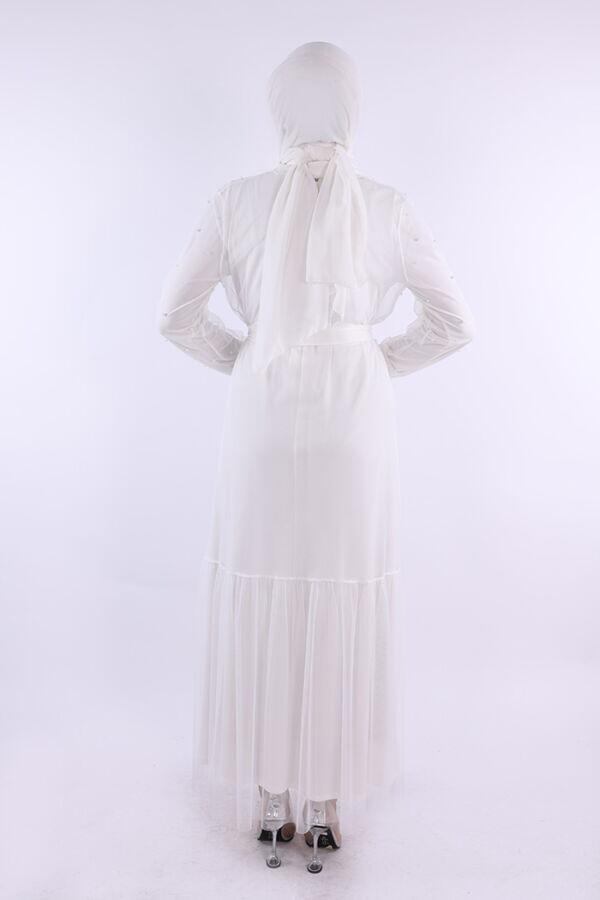 İncili Abaya Ve Elbise Takım 8491 Ekru - 2