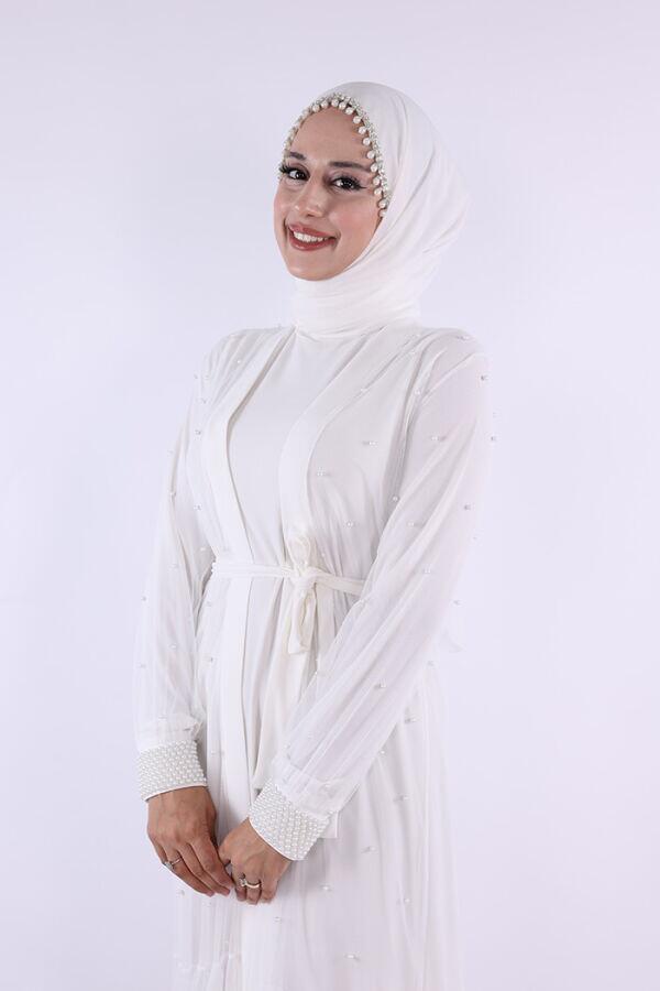 İncili Abaya Ve Elbise Takım 8491 Ekru - 4