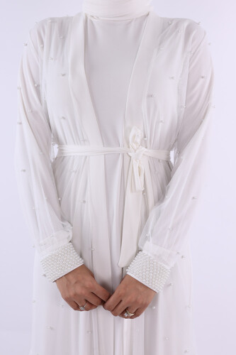 İncili Abaya Ve Elbise Takım 8491 Ekru - 5