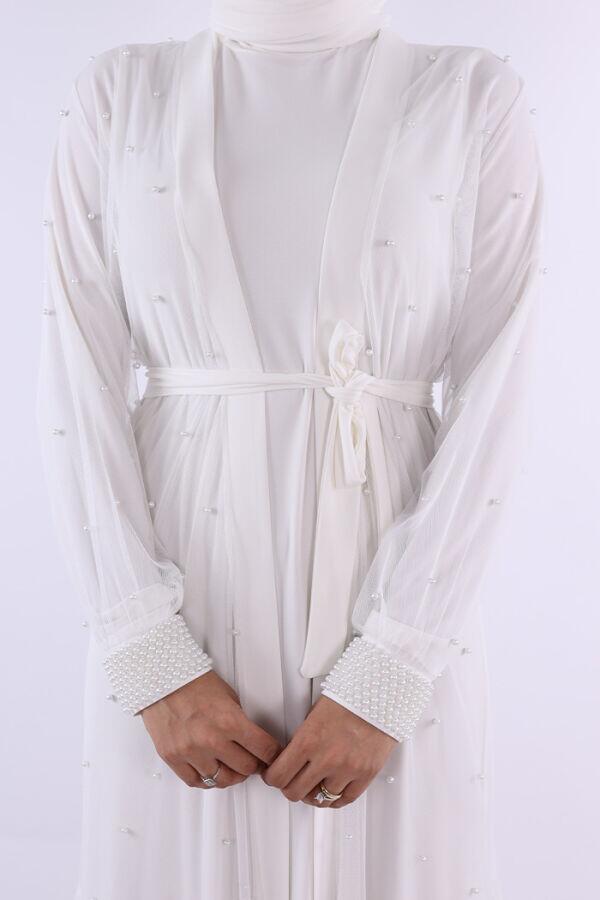 İncili Abaya Ve Elbise Takım 8491 Ekru - 5