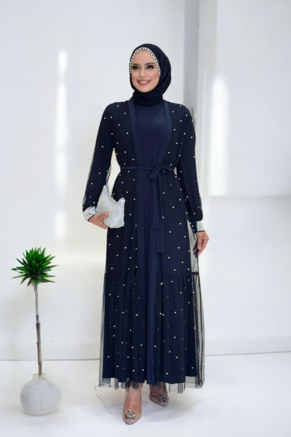İncili Abaya Ve Elbise Takım 8491 Lacivert - 1