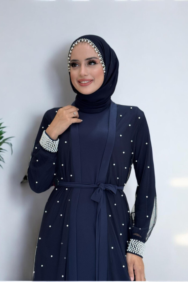 İncili Abaya Ve Elbise Takım 8491 Lacivert - 4