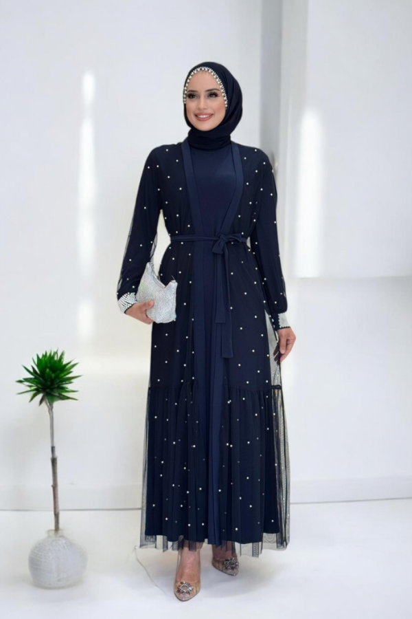 İncili Abaya Ve Elbise Takım 8491 Lacivert - 5