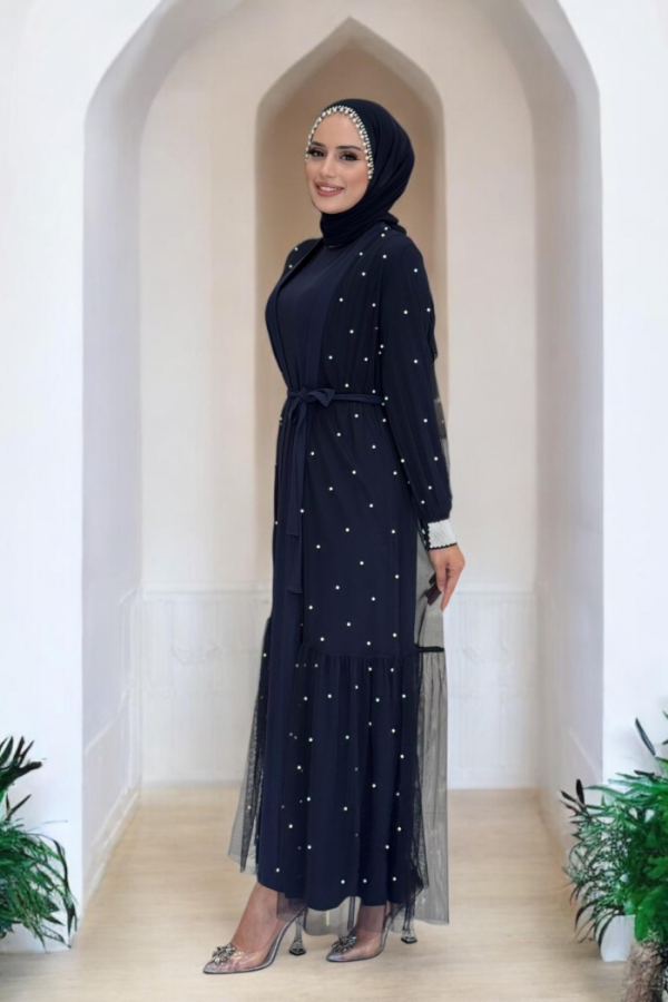İncili Abaya Ve Elbise Takım 8491 Lacivert - 7