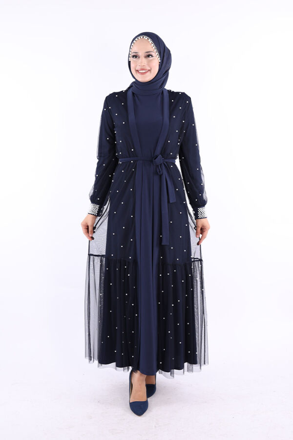 İncili Abaya Ve Elbise Takım 8491 Lacivert - 1