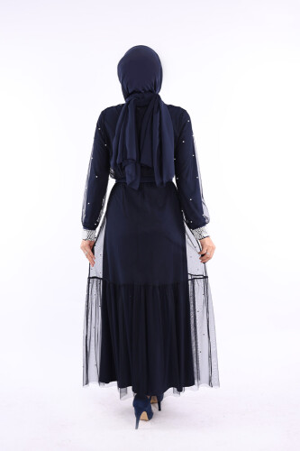 İncili Abaya Ve Elbise Takım 8491 Lacivert - 2