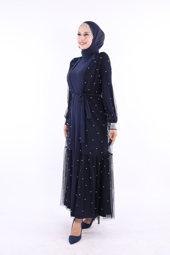 İncili Abaya Ve Elbise Takım 8491 Lacivert - 3