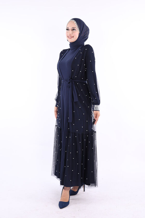 İncili Abaya Ve Elbise Takım 8491 Lacivert - 3