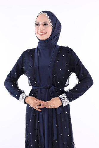 İncili Abaya Ve Elbise Takım 8491 Lacivert - 4