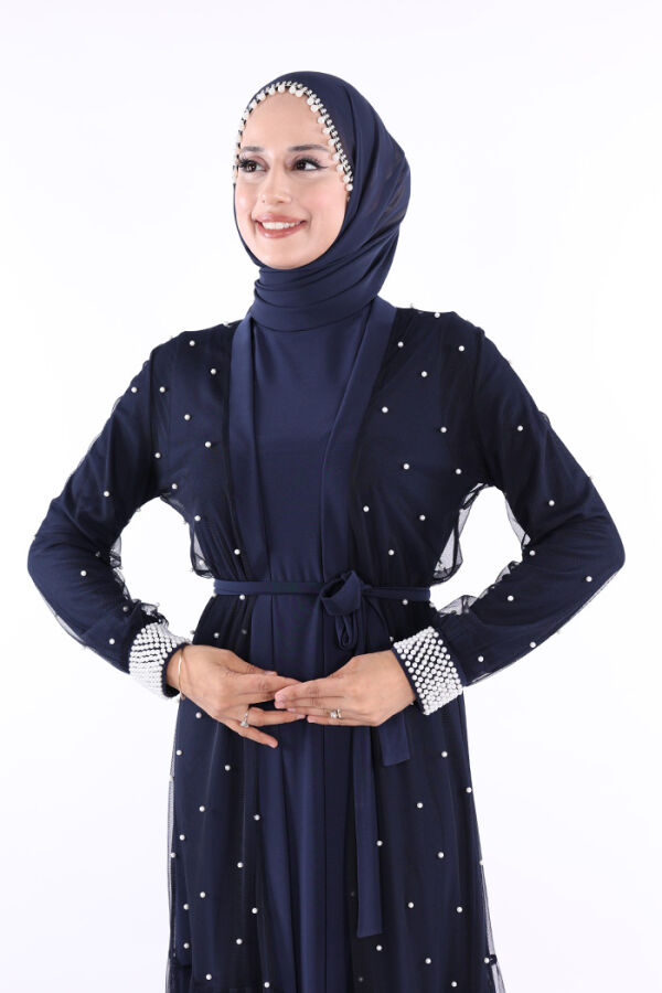 İncili Abaya Ve Elbise Takım 8491 Lacivert - 4