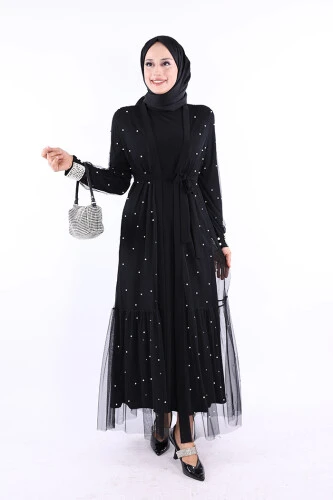 İncili Abaya Ve Elbise Takım 8491 Siyah - 1