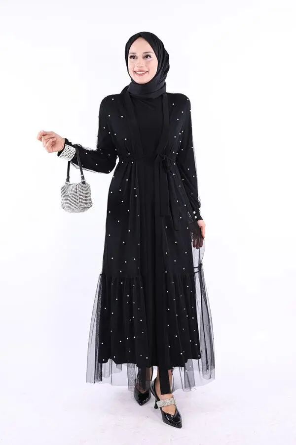 İncili Abaya Ve Elbise Takım 8491 Siyah - 1
