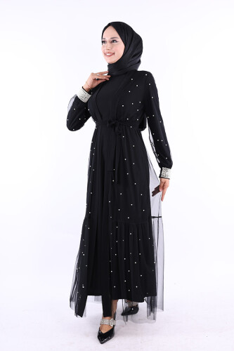 İncili Abaya Ve Elbise Takım 8491 Siyah - 2