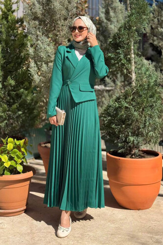 سترة نظرة تنورة فستان مطوي 3700 الزمرد - 5