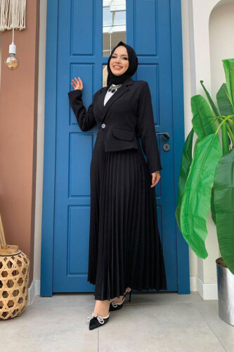 سترة نظرة تنورة فستان مطوي 3700 أسود - 2