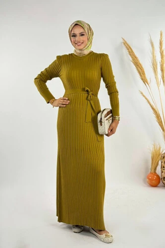 Kalın Fitilli Bel Kuşaklı Elbise 18319 Yağ Yeşili - 1