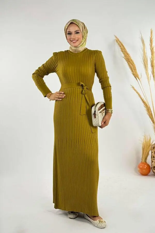 Kalın Fitilli Bel Kuşaklı Elbise 18319 Yağ Yeşili - 1