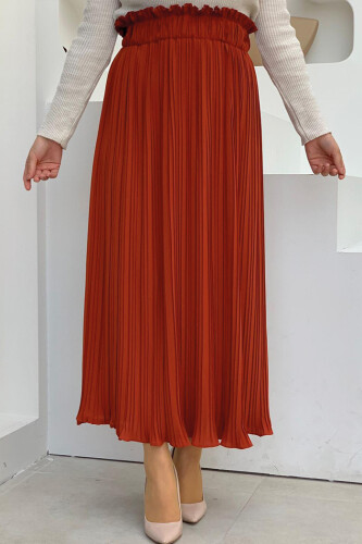 Kalın Lastikli Piliseli Düz Etek 1143 Kiremit - Bym Fashion