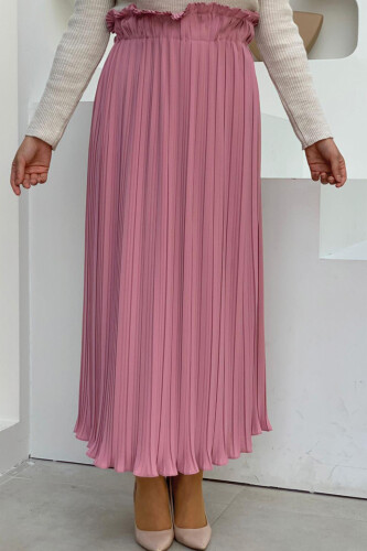 Kalın Lastikli Piliseli Düz Etek 1143 Pudra - Bym Fashion