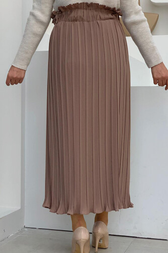 Kalın Lastikli Piliseli Düz Etek 1143 Vizon - Bym Fashion (1)