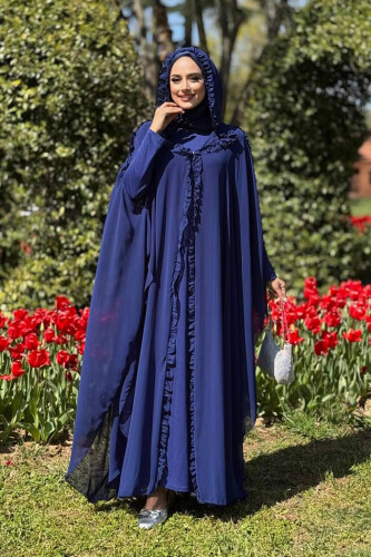 Kapişonlu Belirli Kısımları Fırfır Detaylı Abayalı Elbise Takım 3778 Lacivert - Bym Fashion
