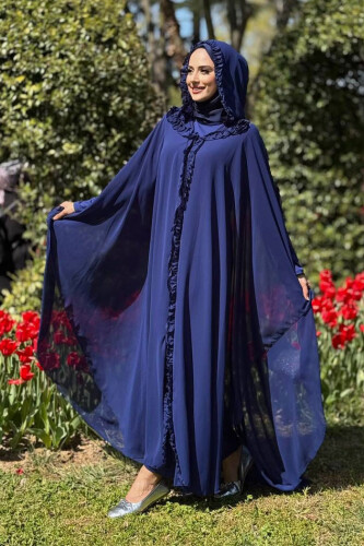 Kapişonlu Belirli Kısımları Fırfır Detaylı Abayalı Elbise Takım 3778 Lacivert - Bym Fashion (1)