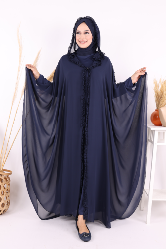 Kapişonlu Belirli Kısımları Fırfır Detaylı Abayalı Elbise Takım 3778 Lacivert - 5