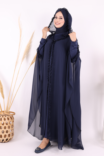 Kapişonlu Belirli Kısımları Fırfır Detaylı Abayalı Elbise Takım 3778 Lacivert - 6