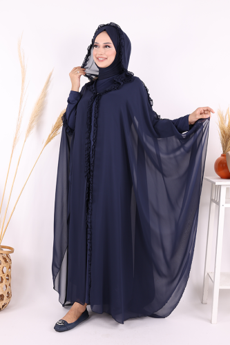 Kapişonlu Belirli Kısımları Fırfır Detaylı Abayalı Elbise Takım 3778 Lacivert - 7