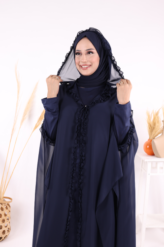 Kapişonlu Belirli Kısımları Fırfır Detaylı Abayalı Elbise Takım 3778 Lacivert - 8