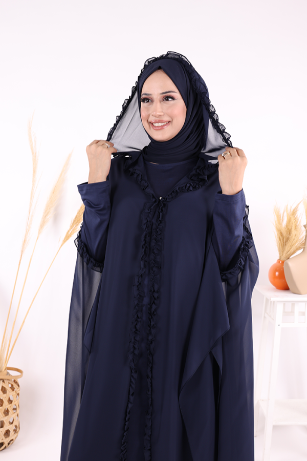 Kapişonlu Belirli Kısımları Fırfır Detaylı Abayalı Elbise Takım 3778 Lacivert - 8
