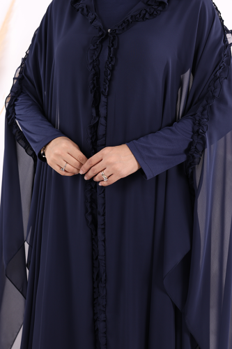 Kapişonlu Belirli Kısımları Fırfır Detaylı Abayalı Elbise Takım 3778 Lacivert - 9