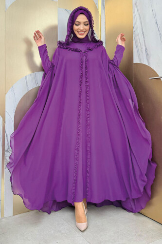 Kapişonlu Belirli Kısımları Fırfır Detaylı Abayalı Elbise Takım 3778 Mor - Bym Fashion