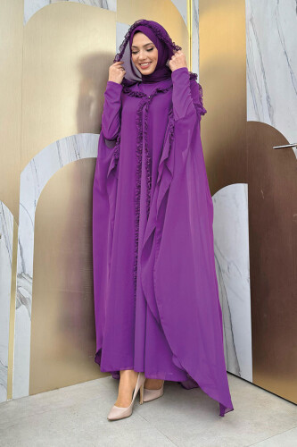 Kapişonlu Belirli Kısımları Fırfır Detaylı Abayalı Elbise Takım 3778 Mor - Bym Fashion (1)