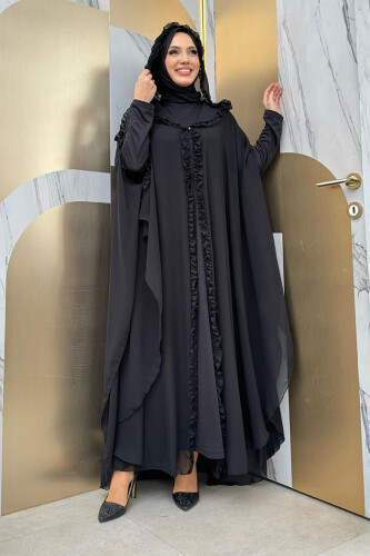 Hooded Certain Parts Frill Detailed Abaya Dress Evening Suit 3778 Black - Bym Fashion