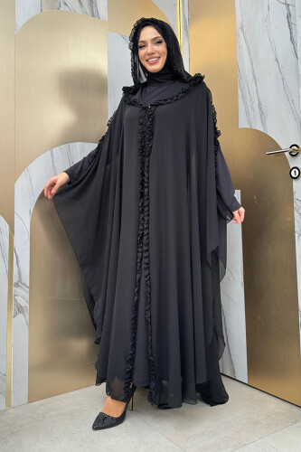 Hooded Certain Parts Frill Detailed Abaya Dress Evening Suit 3778 Black - Bym Fashion (1)