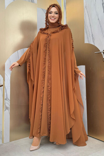 Hooded Certain Parts Frill Detailed Abaya Dress Evening Dress Suit 3778 Taba - Bym Fashion