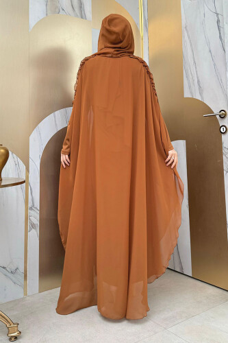 Hooded Certain Parts Frill Detailed Abaya Dress Evening Dress Suit 3778 Taba - Bym Fashion (1)