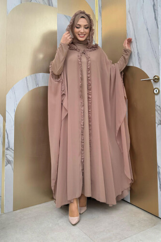 Hooded Certain Parts Frill Detailed Abaya Dress Evening Suit 3778 Mink - Bym Fashion