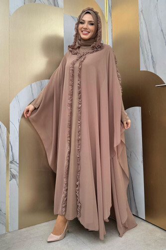 Hooded Certain Parts Frill Detailed Abaya Dress Evening Suit 3778 Mink - Bym Fashion (1)