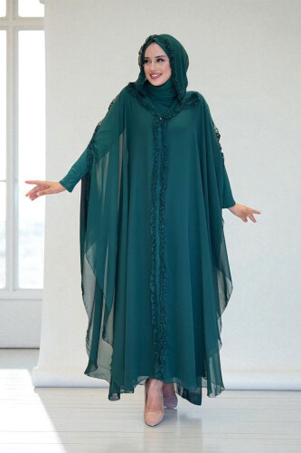 Hooded Certain Parts Frill Detailed Abaya Dress Evening Suit 3778 Emerald - Bym Fashion