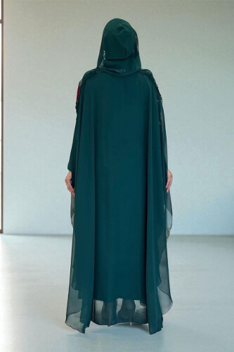 Hooded Certain Parts Frill Detailed Abaya Dress Evening Suit 3778 Emerald - Bym Fashion (1)